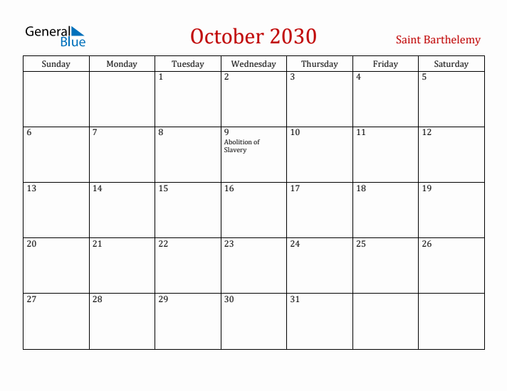 Saint Barthelemy October 2030 Calendar - Sunday Start
