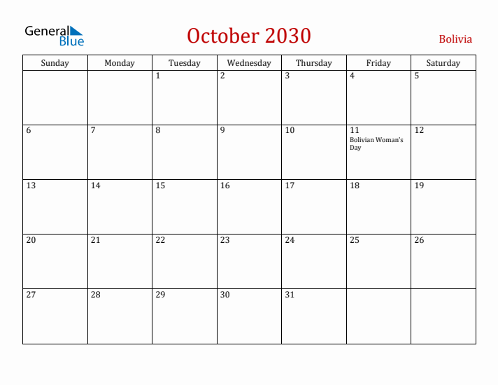 Bolivia October 2030 Calendar - Sunday Start