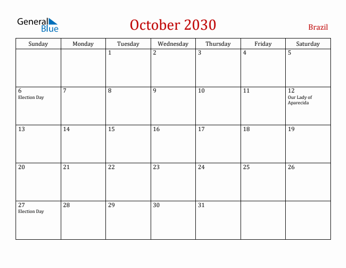 Brazil October 2030 Calendar - Sunday Start