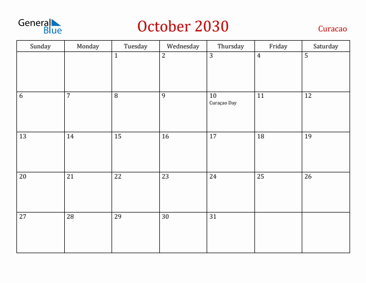 Curacao October 2030 Calendar - Sunday Start