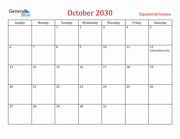 Equatorial Guinea October 2030 Calendar - Sunday Start
