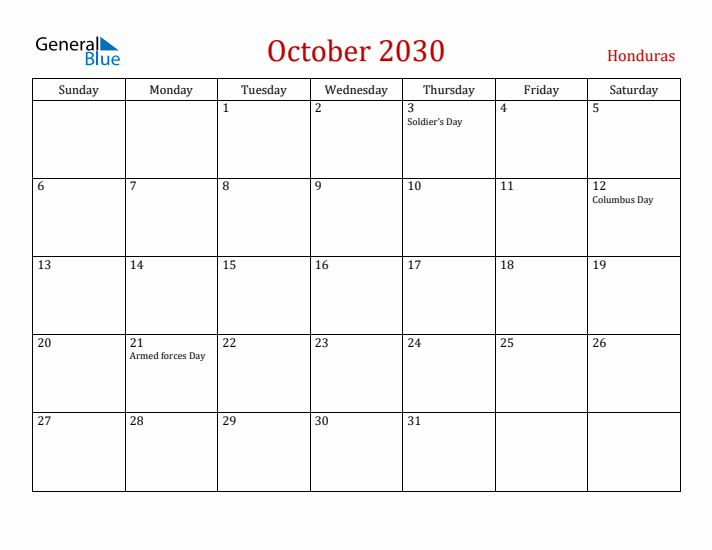 Honduras October 2030 Calendar - Sunday Start