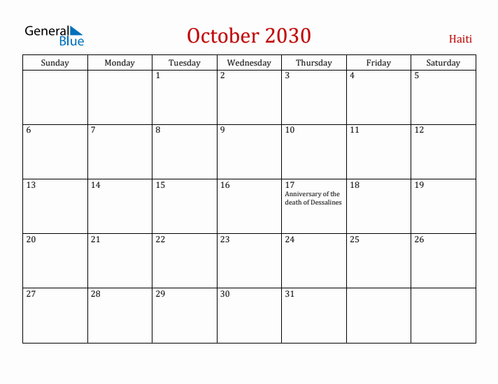 October 2030 Haiti Monthly Calendar with Holidays