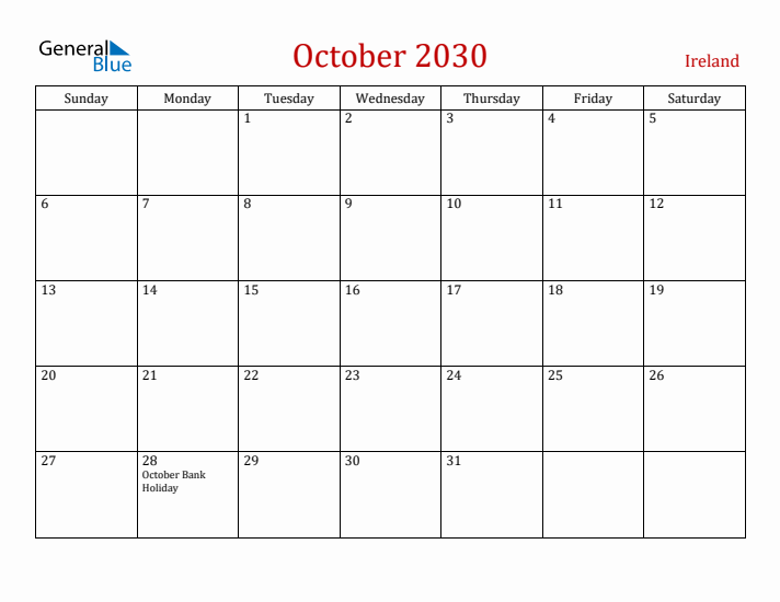 Ireland October 2030 Calendar - Sunday Start