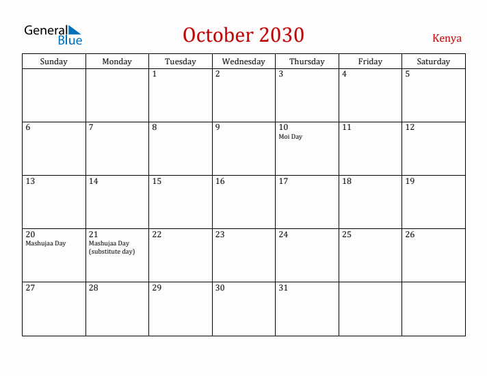 Kenya October 2030 Calendar - Sunday Start