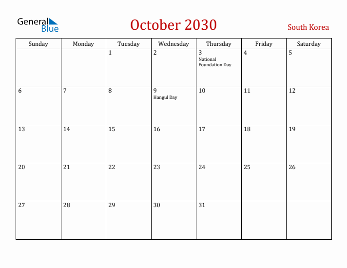South Korea October 2030 Calendar - Sunday Start