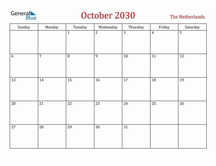 The Netherlands October 2030 Calendar - Sunday Start