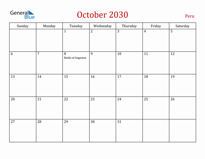 Peru October 2030 Calendar - Sunday Start