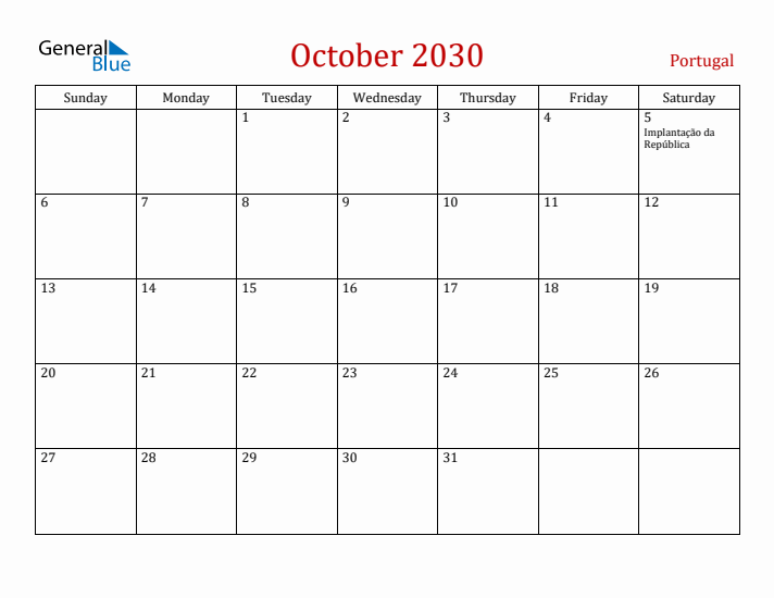 Portugal October 2030 Calendar - Sunday Start