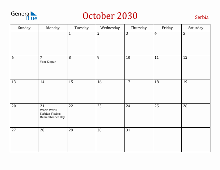 Serbia October 2030 Calendar - Sunday Start