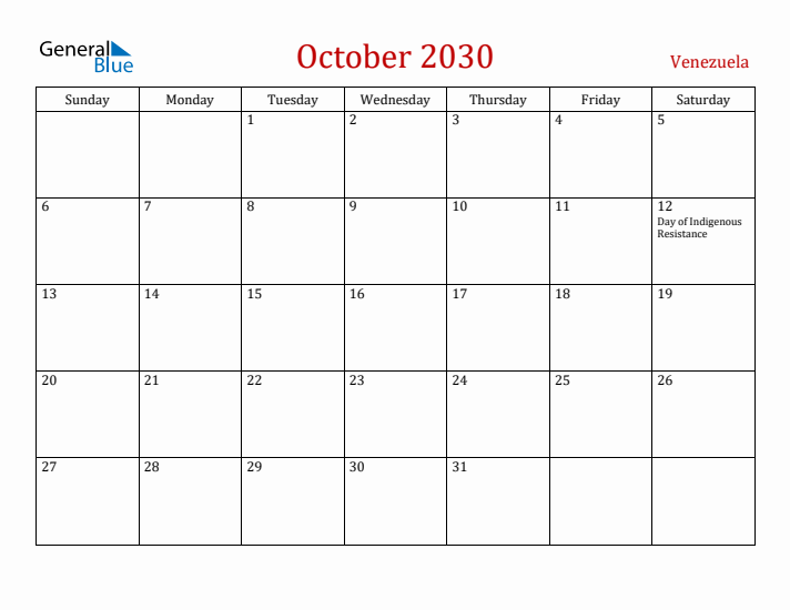 Venezuela October 2030 Calendar - Sunday Start