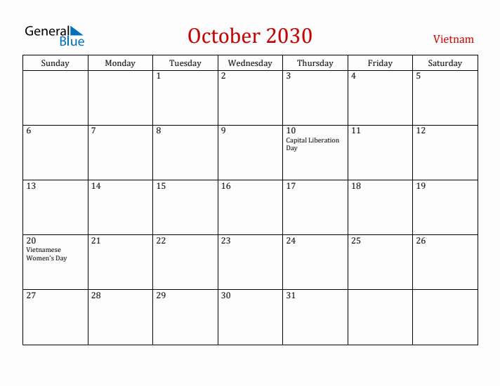 Vietnam October 2030 Calendar - Sunday Start