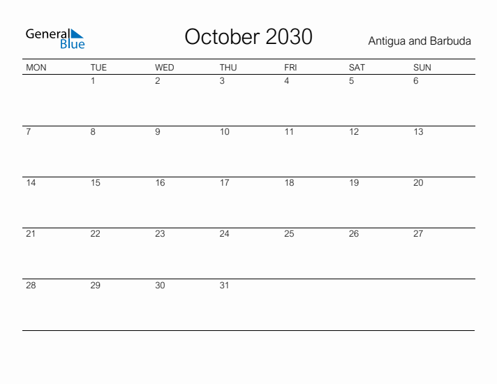 Printable October 2030 Calendar for Antigua and Barbuda