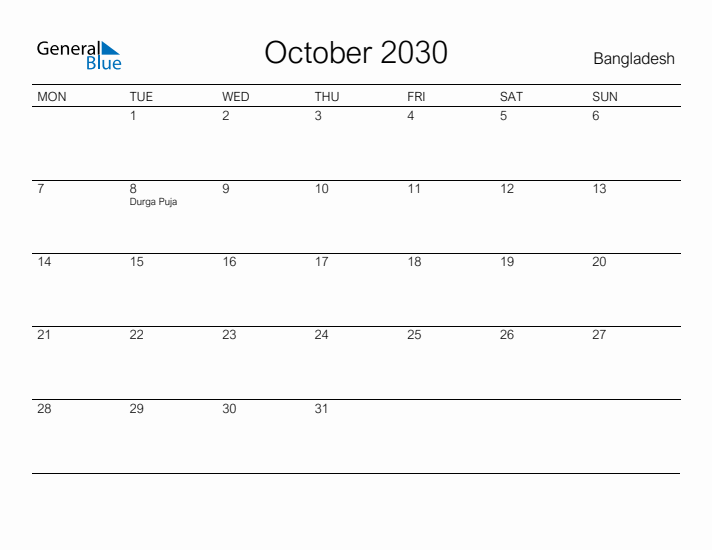 Printable October 2030 Calendar for Bangladesh