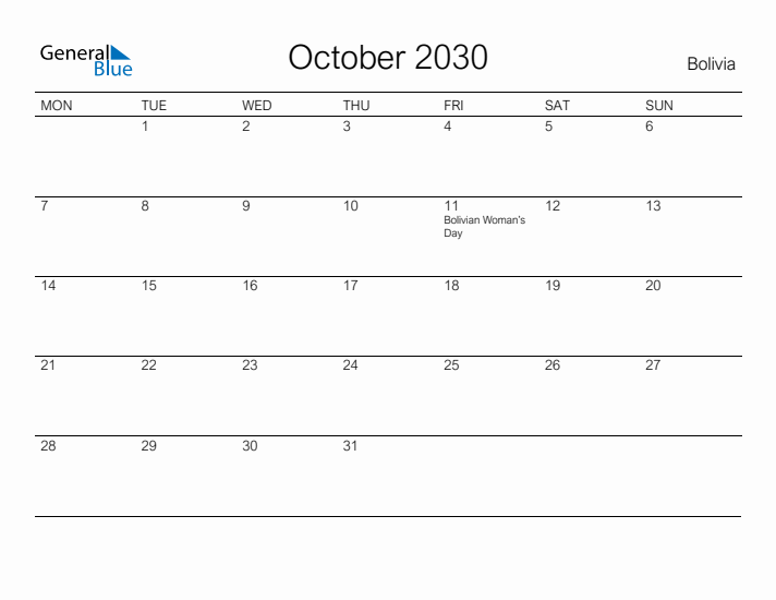 Printable October 2030 Calendar for Bolivia