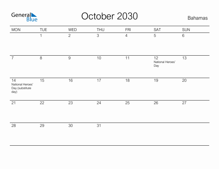 Printable October 2030 Calendar for Bahamas