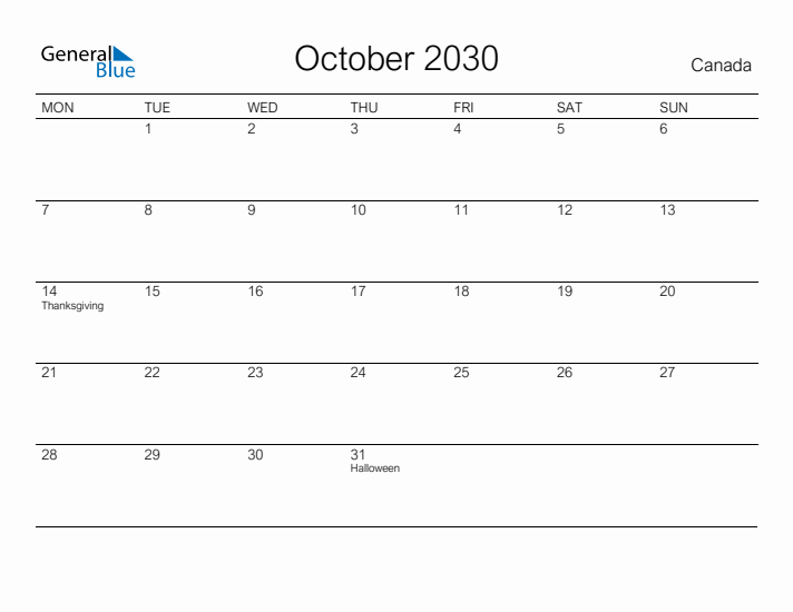 Printable October 2030 Calendar for Canada