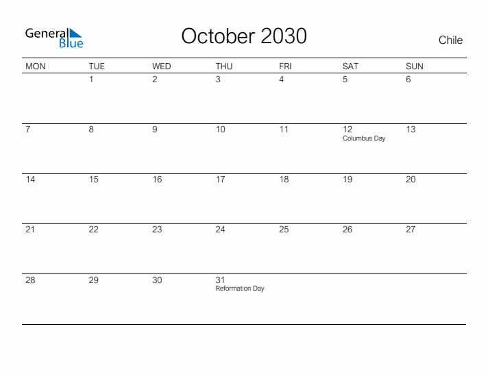 Printable October 2030 Calendar for Chile