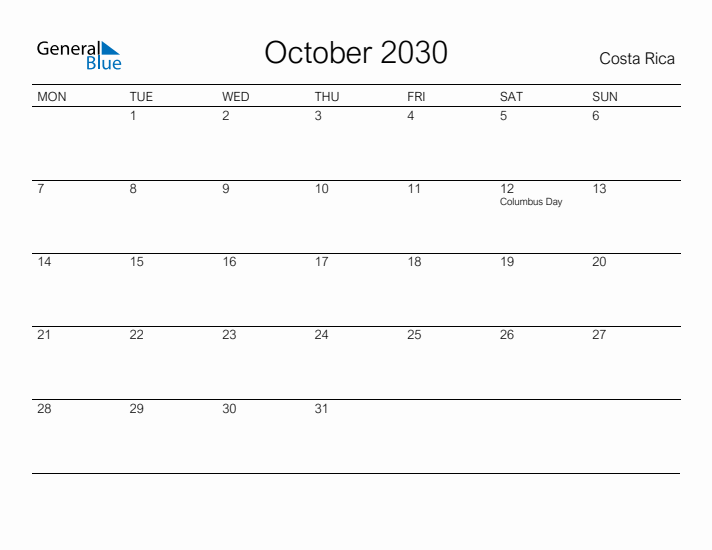 Printable October 2030 Calendar for Costa Rica