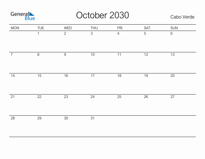 Printable October 2030 Calendar for Cabo Verde