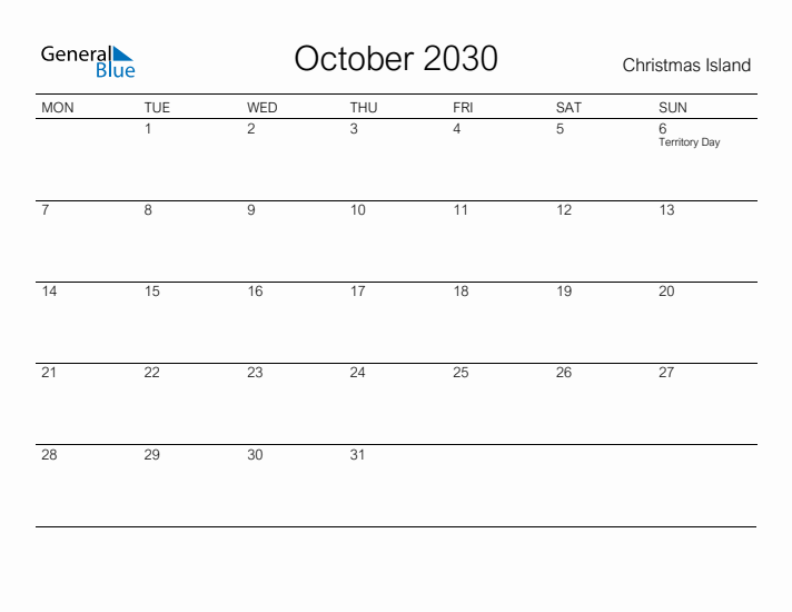 Printable October 2030 Calendar for Christmas Island