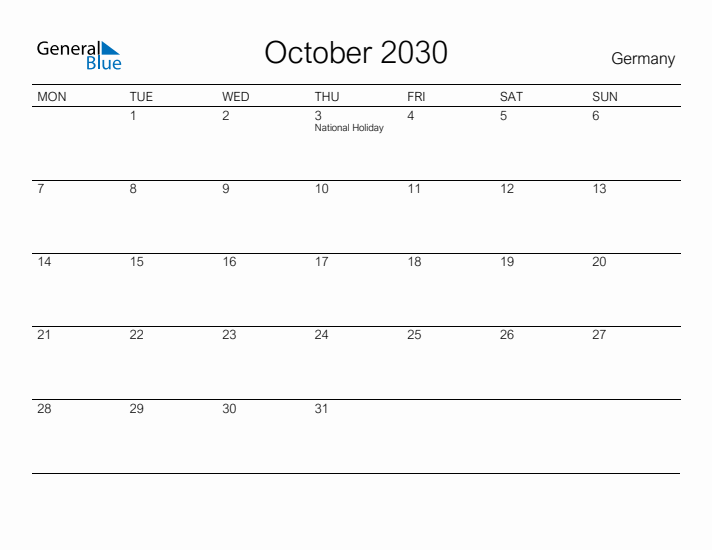 Printable October 2030 Calendar for Germany