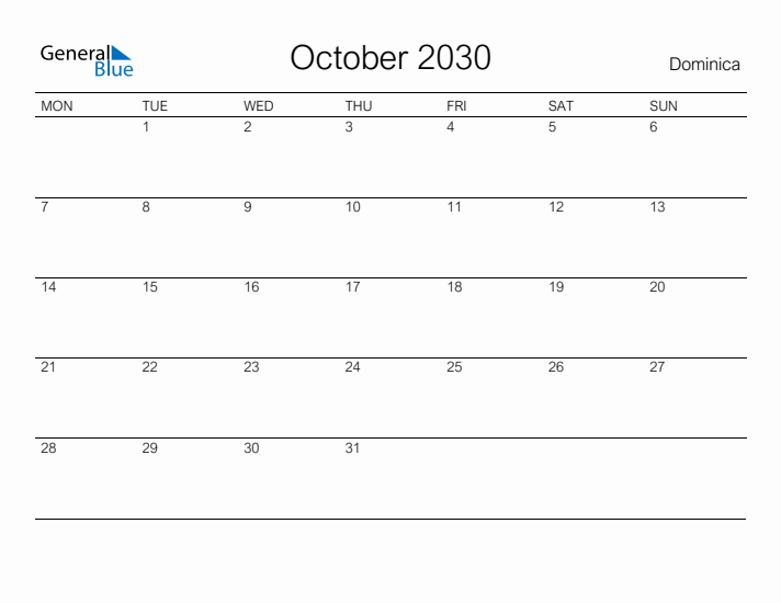 Printable October 2030 Calendar for Dominica