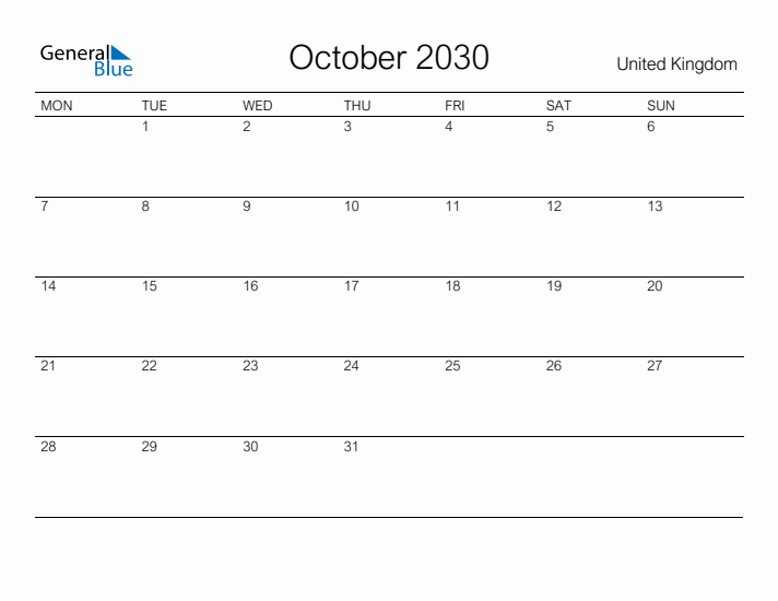 Printable October 2030 Calendar for United Kingdom