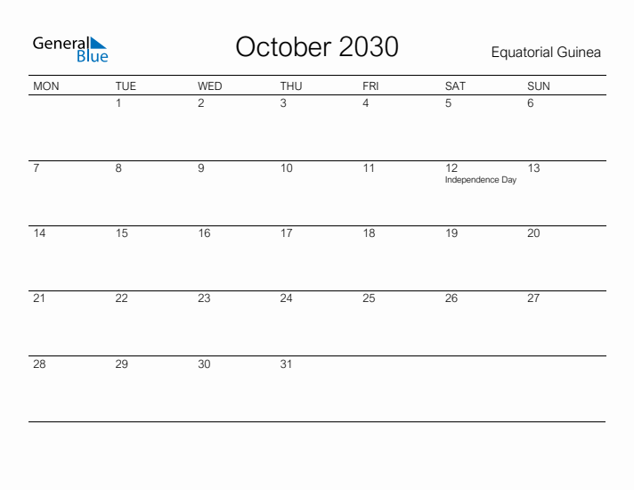 Printable October 2030 Calendar for Equatorial Guinea