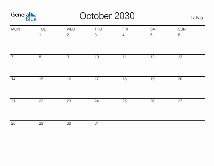 Printable October 2030 Calendar for Latvia