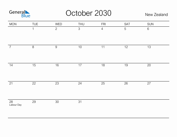 Printable October 2030 Calendar for New Zealand