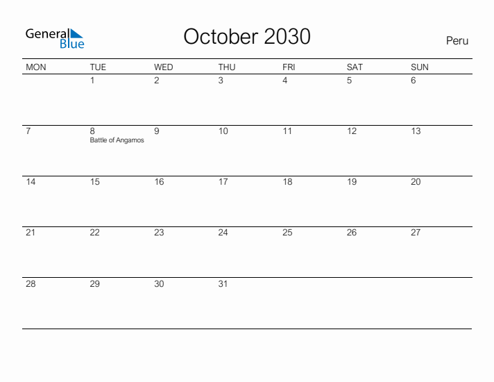 Printable October 2030 Calendar for Peru