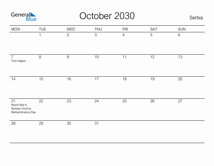 Printable October 2030 Calendar for Serbia