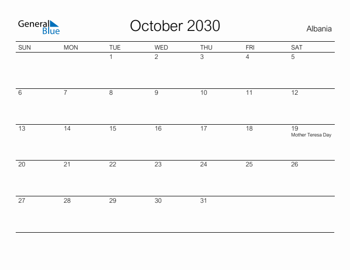 Printable October 2030 Calendar for Albania