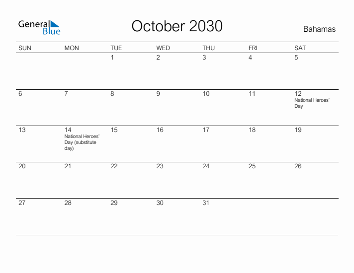 Printable October 2030 Calendar for Bahamas