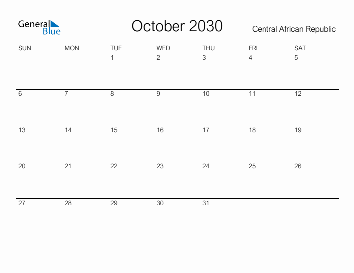 Printable October 2030 Calendar for Central African Republic