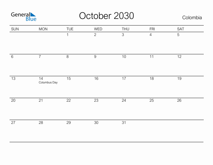 Printable October 2030 Calendar for Colombia