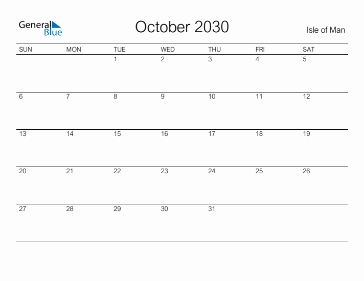 Printable October 2030 Calendar for Isle of Man