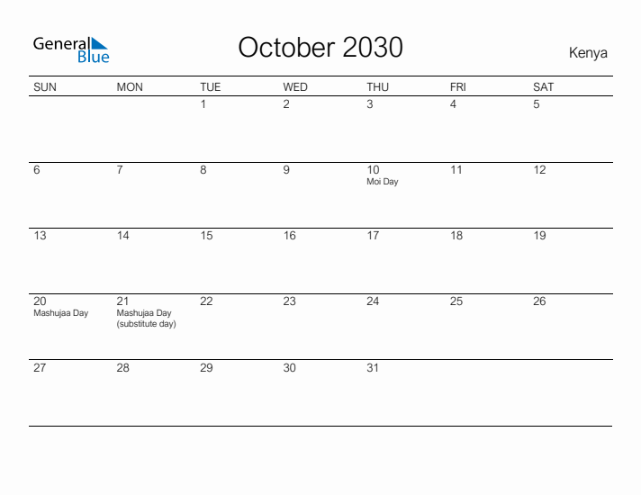 Printable October 2030 Calendar for Kenya