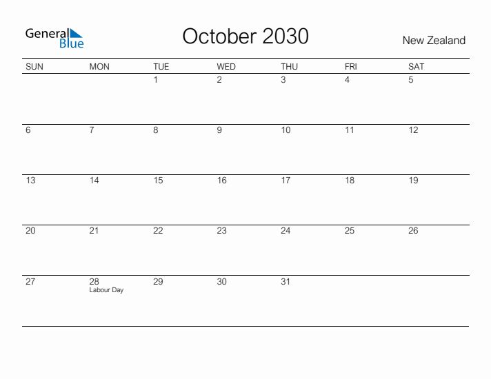 Printable October 2030 Calendar for New Zealand