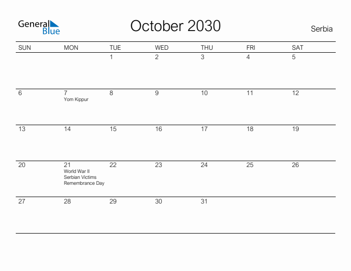 Printable October 2030 Calendar for Serbia