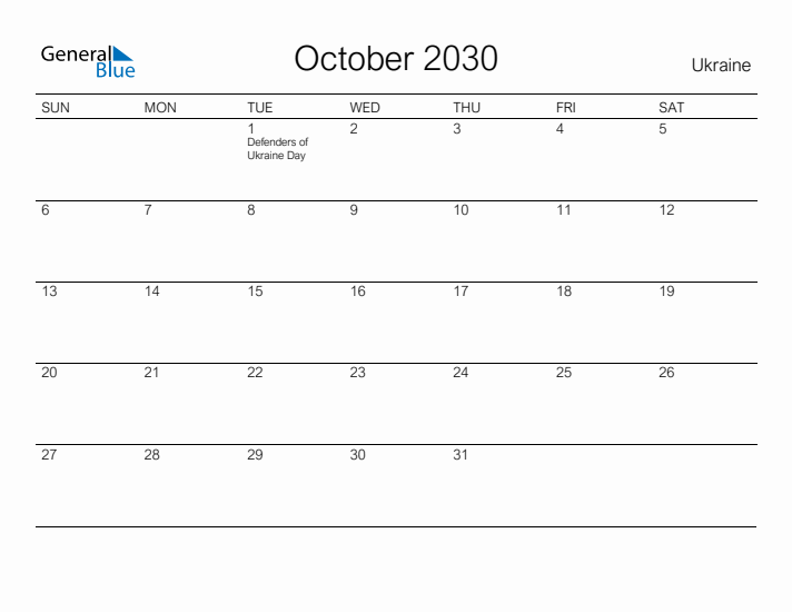 Printable October 2030 Calendar for Ukraine