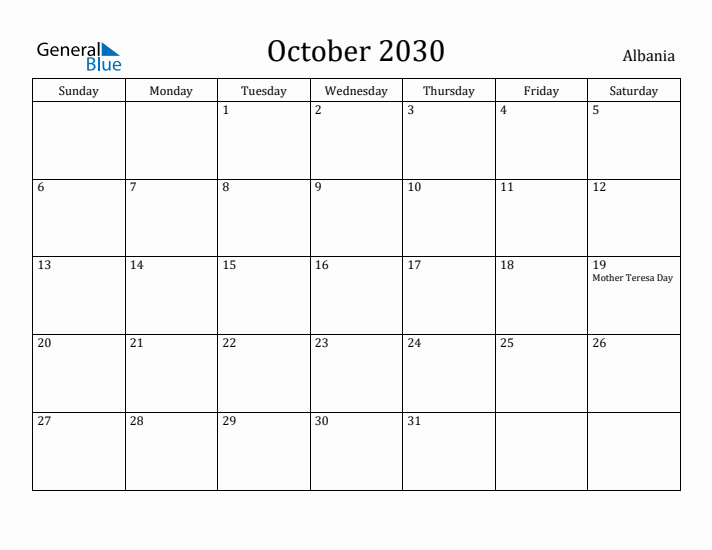 October 2030 Calendar Albania