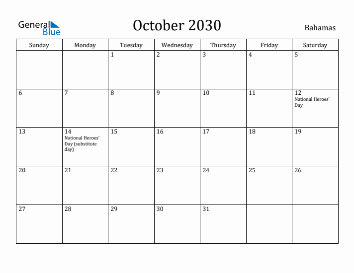 October 2030 Calendar Bahamas