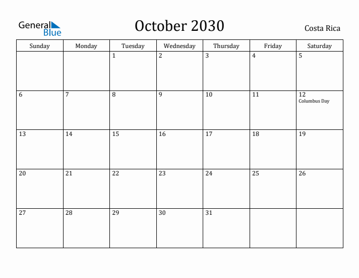 October 2030 Calendar Costa Rica
