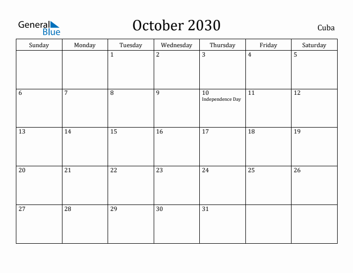 October 2030 Calendar Cuba