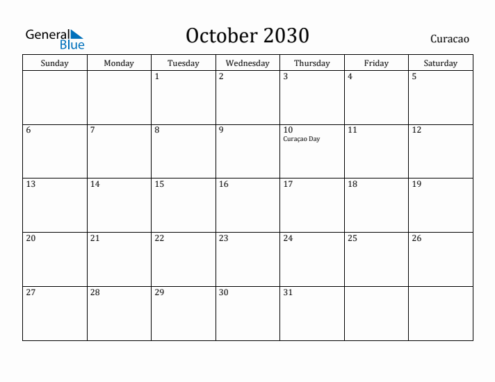 October 2030 Calendar Curacao