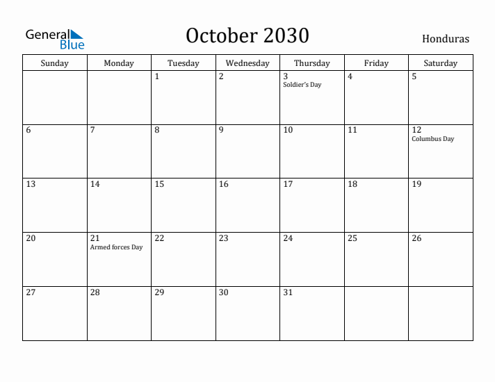 October 2030 Calendar Honduras