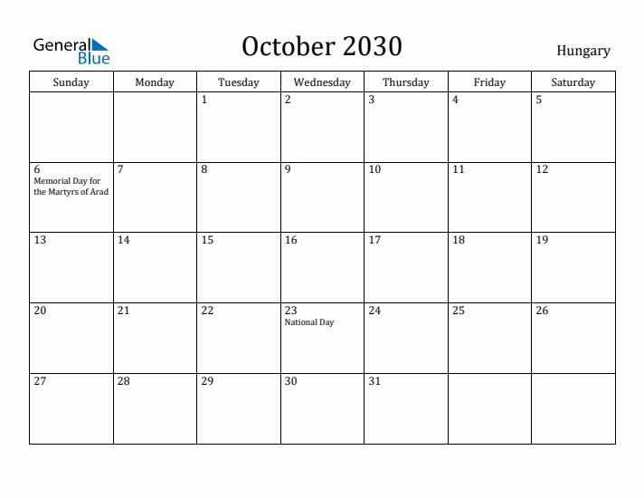 October 2030 Calendar Hungary