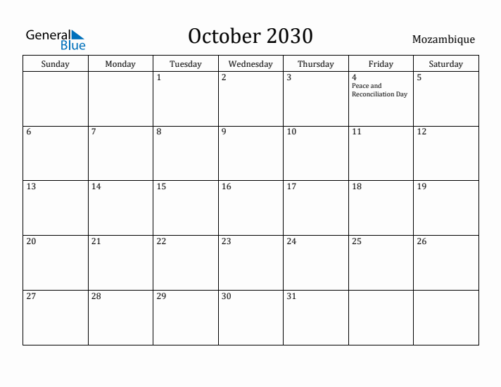 October 2030 Calendar Mozambique
